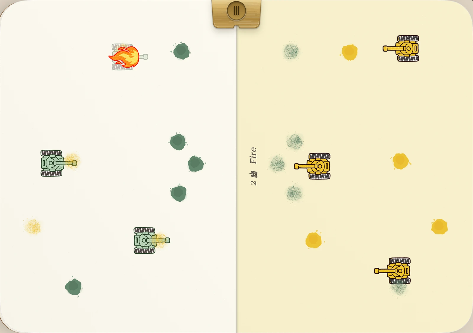 A two-player tank battle with green and yellow ink on opposite halves.
