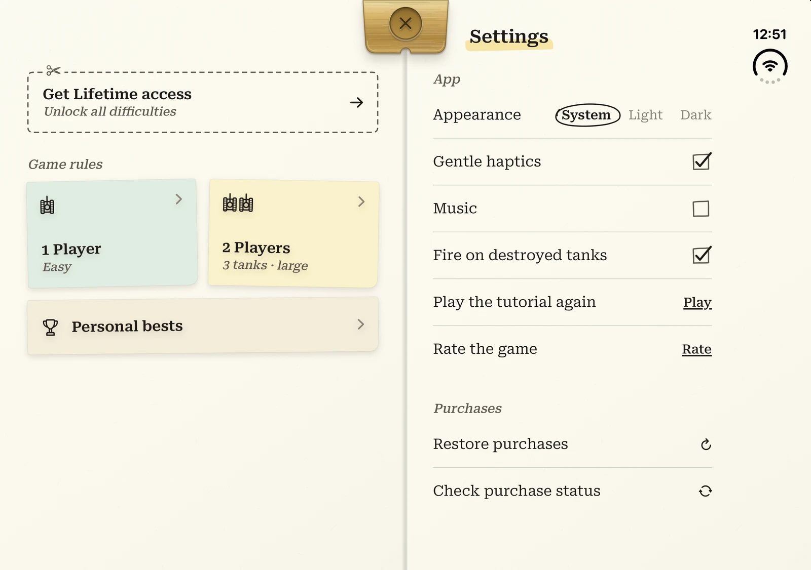 FoldFire’s notebook settings spread, including game modes and personal bests.